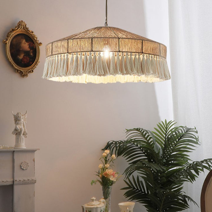 Suspension Luminaire Contemporain Bohème en Corde Tressée Ronde avec Gland 1-Lumière pour Salon 