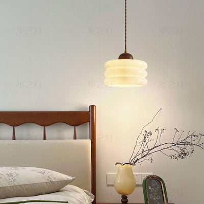 Suspension Luminaire en Verre Rond Simplicité Contemporaine avec Abat-jour en Bois de Noyer 1 Lumière pour Salon 