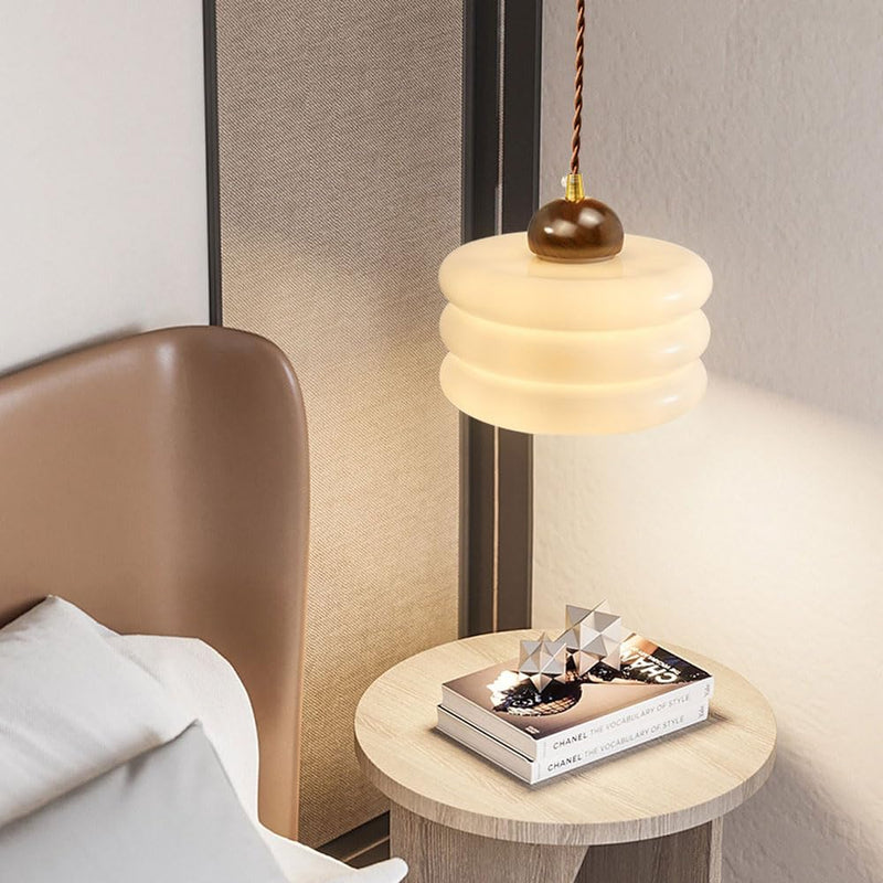 Suspension Luminaire en Verre Rond Simplicité Contemporaine avec Abat-jour en Bois de Noyer 1 Lumière pour Salon 
