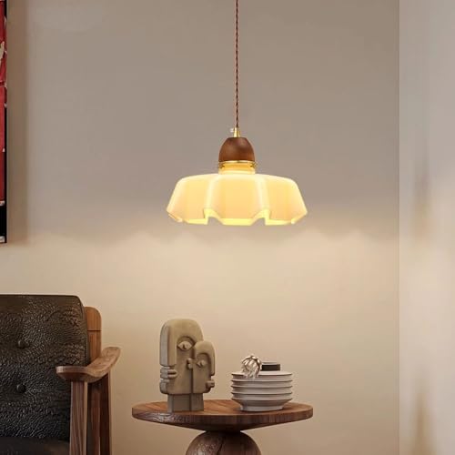 Pantalla de vidrio con flor pastoral francesa tradicional, madera de nogal, lámpara colgante de 1 luz para sala de estar 