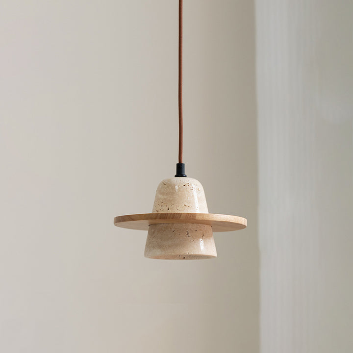 Traditional Vintage Solid Wood Yellow Travertine Flying Saucer 1-Light Pendant Light For Living Room