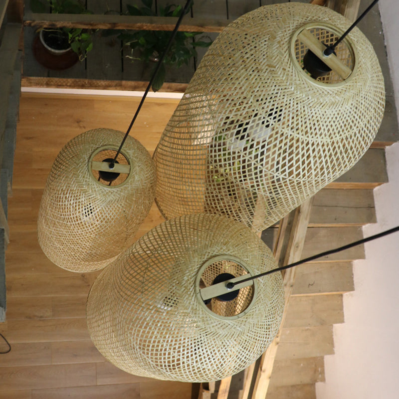 Traditional Japanese Bamboo Weaving Cylinder 2-Light Chandelier For Dining Room