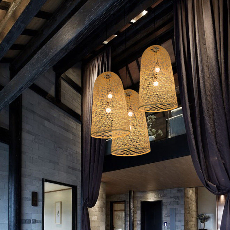Traditional Japanese Bamboo Weaving Cylinder 2-Light Chandelier For Dining Room