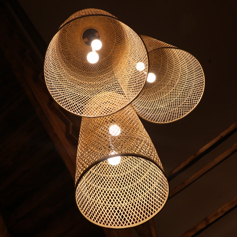 Traditional Japanese Bamboo Weaving Cylinder 2-Light Chandelier For Dining Room