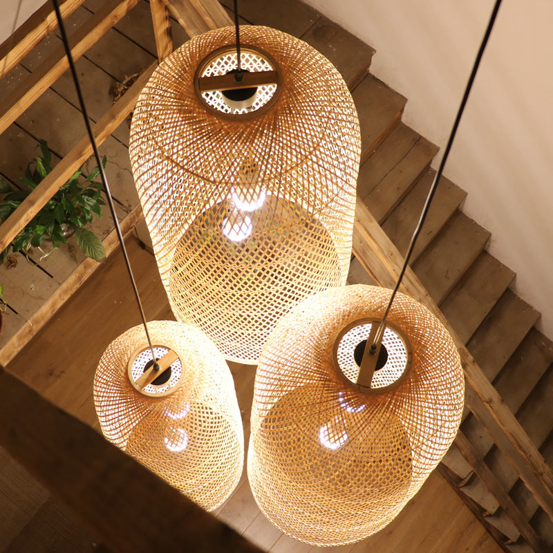 Traditional Japanese Bamboo Weaving Cylinder 2-Light Chandelier For Dining Room