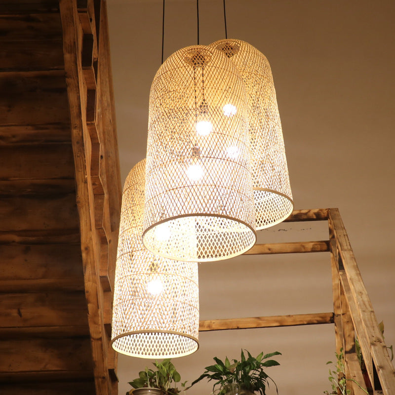 Traditional Japanese Bamboo Weaving Cylinder 2-Light Chandelier For Dining Room