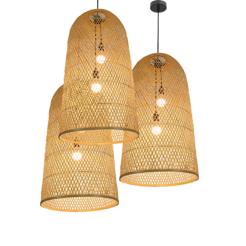 Traditional Japanese Bamboo Weaving Cylinder 2-Light Chandelier For Dining Room