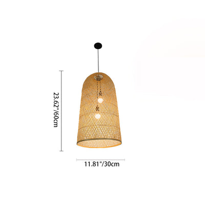 Traditional Japanese Bamboo Weaving Cylinder 2-Light Chandelier For Dining Room
