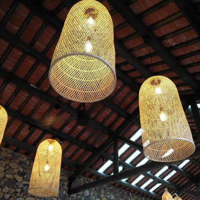 Traditional Japanese Bamboo Weaving Cylinder 2-Light Chandelier For Dining Room