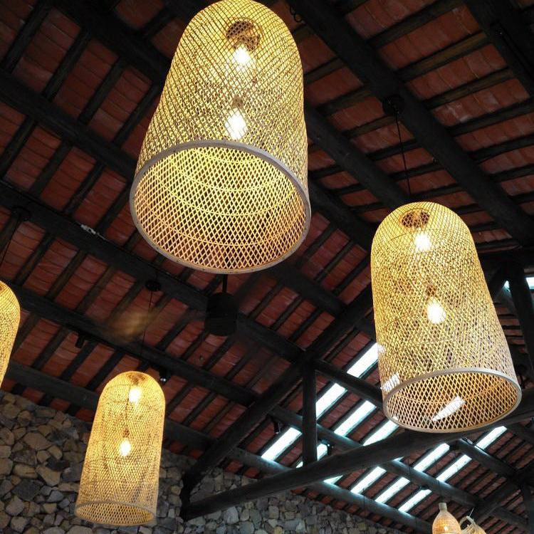 Traditional Japanese Bamboo Weaving Cylinder 2-Light Chandelier For Dining Room