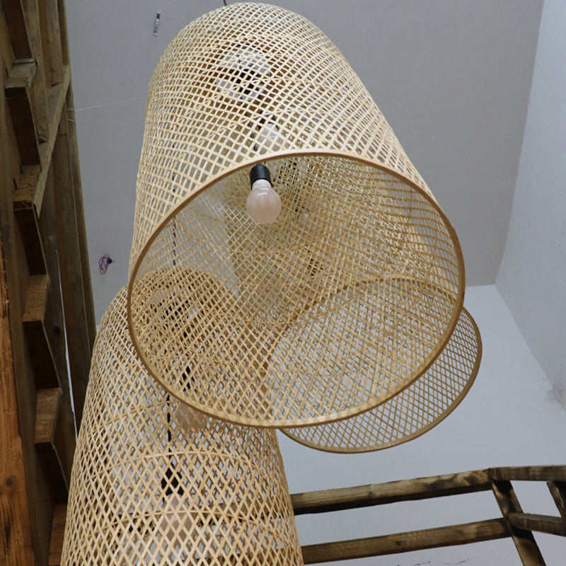 Traditional Japanese Bamboo Weaving Cylinder 2-Light Chandelier For Dining Room