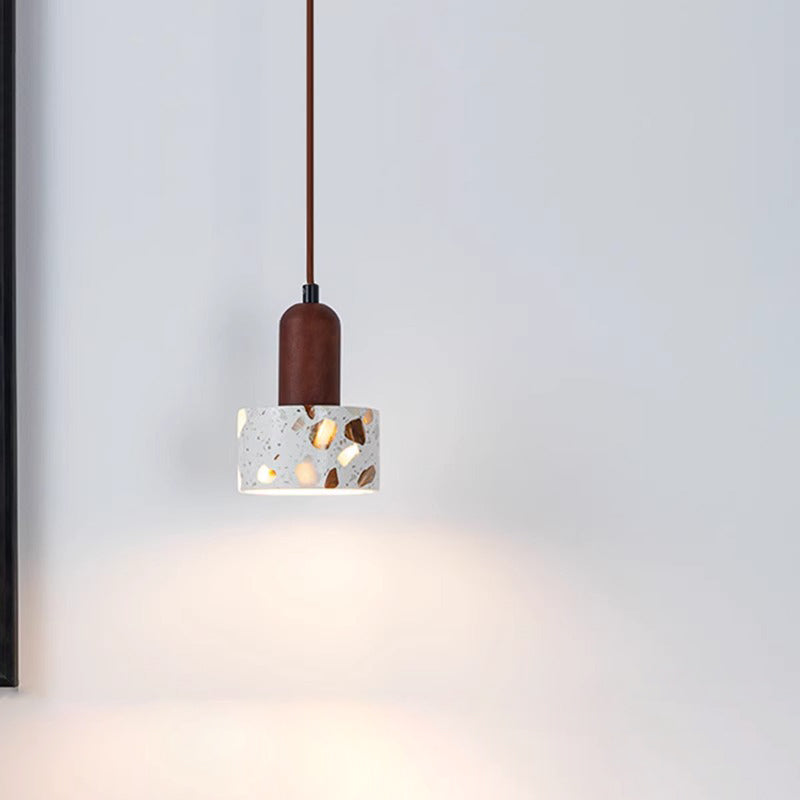 Lámpara colgante de 1 luz con pantalla cilíndrica de terrazo de madera maciza nórdica contemporánea para sala de estar 