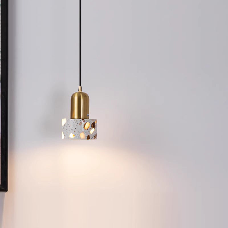 Lámpara colgante de 1 luz con pantalla cilíndrica de terrazo de madera maciza nórdica contemporánea para sala de estar 