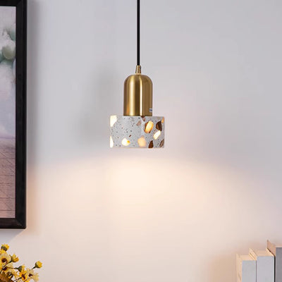 Lámpara colgante de 1 luz con pantalla cilíndrica de terrazo de madera maciza nórdica contemporánea para sala de estar 