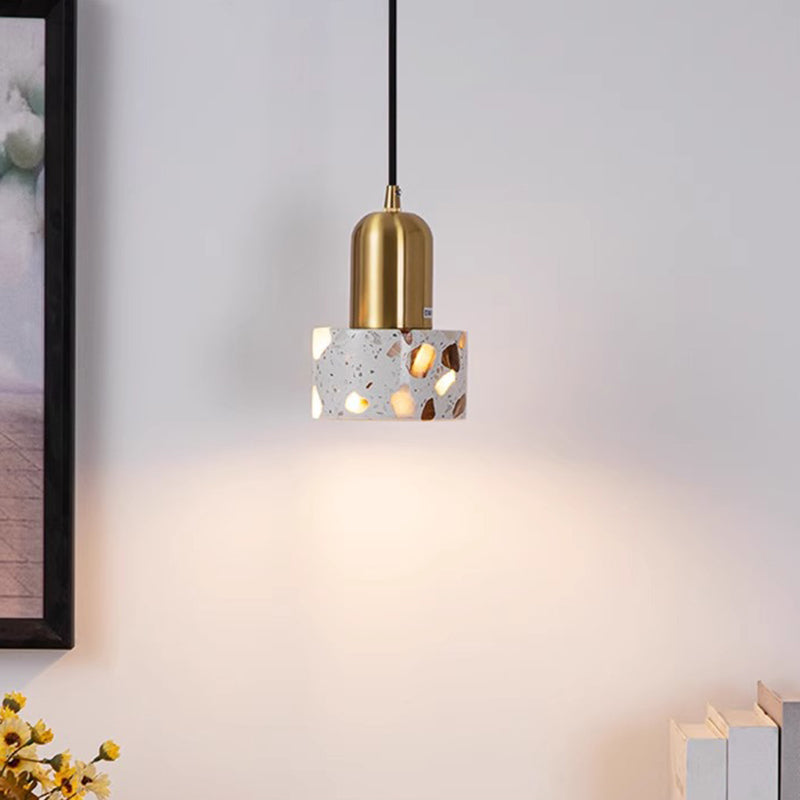 Lámpara colgante de 1 luz con pantalla cilíndrica de terrazo de madera maciza nórdica contemporánea para sala de estar 