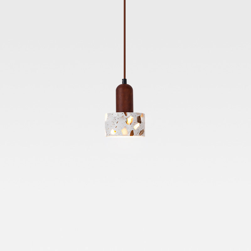 Lámpara colgante de 1 luz con pantalla cilíndrica de terrazo de madera maciza nórdica contemporánea para sala de estar 