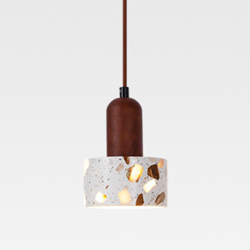 Lámpara colgante de 1 luz con pantalla cilíndrica de terrazo de madera maciza nórdica contemporánea para sala de estar 