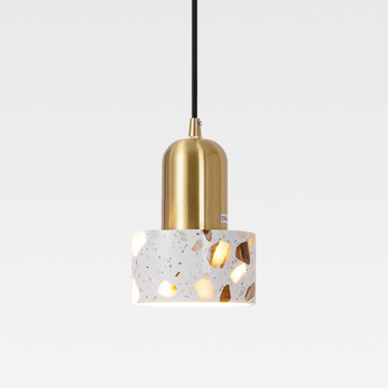 Suspension lumineuse contemporaine nordique en bois massif avec abat-jour en terrazzo cylindre 1 lumière pour salon 