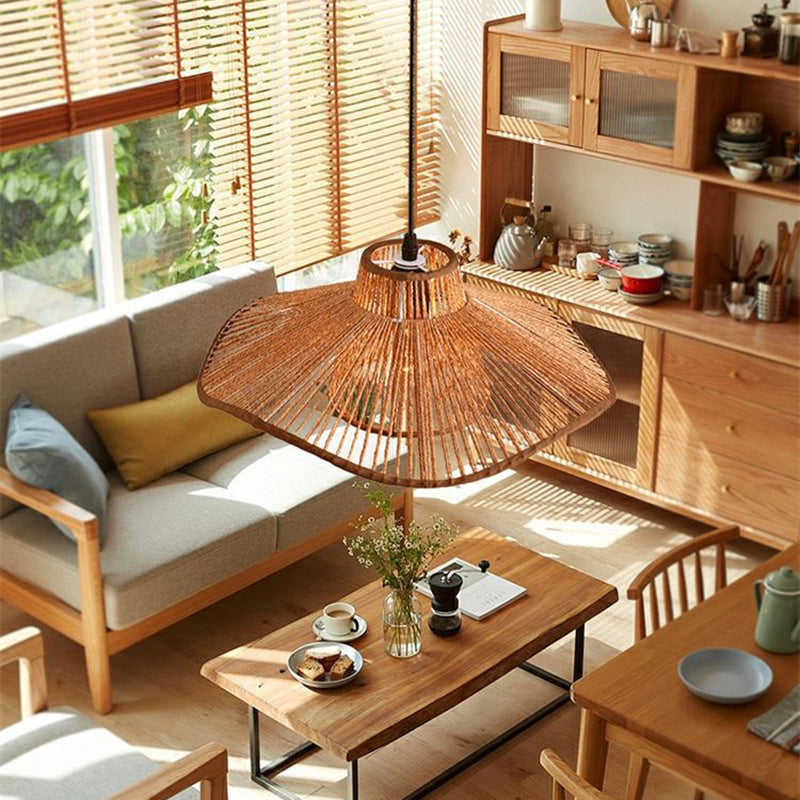 Suspension Luminaire 1 Lumière Pour Salle à Manger avec Chapeau de Paille Tissé en Corde de Chanvre Japonais Traditionnel 