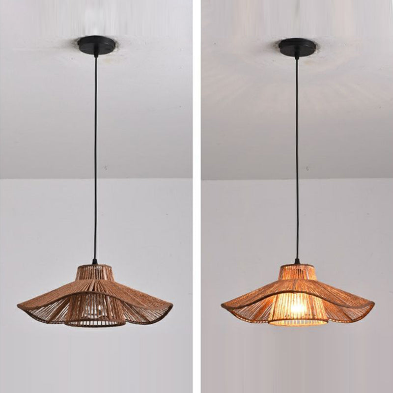 Suspension Luminaire 1 Lumière Pour Salle à Manger avec Chapeau de Paille Tissé en Corde de Chanvre Japonais Traditionnel 