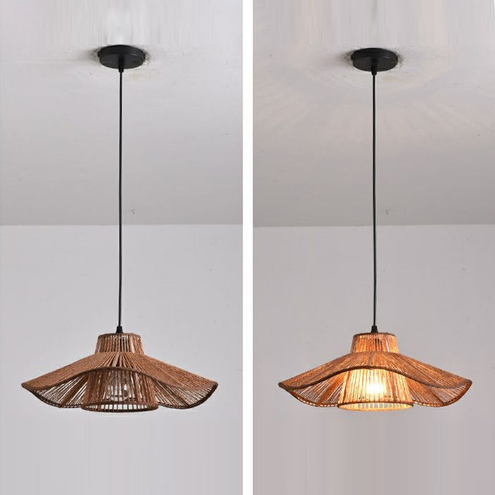 Suspension Luminaire 1 Lumière Pour Salle à Manger avec Chapeau de Paille Tissé en Corde de Chanvre Japonais Traditionnel 