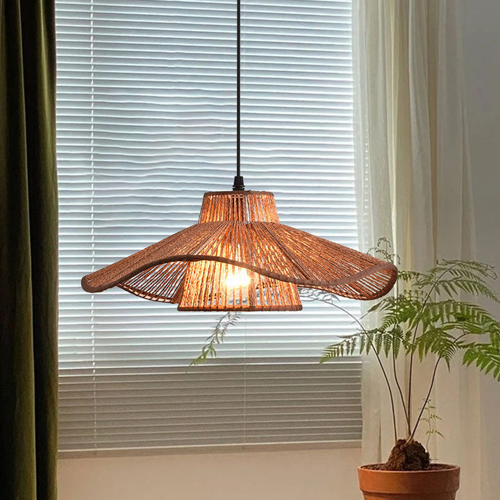 Suspension Luminaire 1 Lumière Pour Salle à Manger avec Chapeau de Paille Tissé en Corde de Chanvre Japonais Traditionnel 