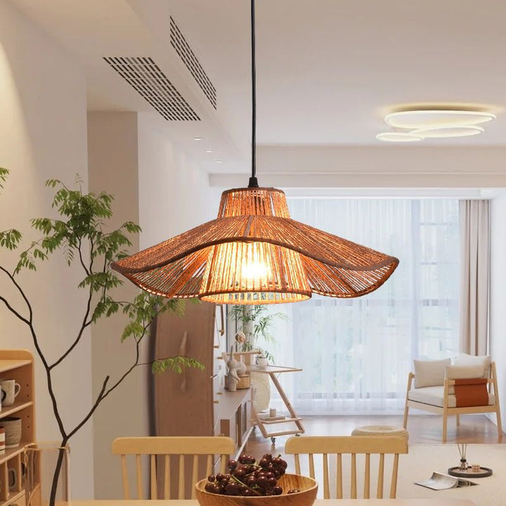 Suspension Luminaire 1 Lumière Pour Salle à Manger avec Chapeau de Paille Tissé en Corde de Chanvre Japonais Traditionnel 