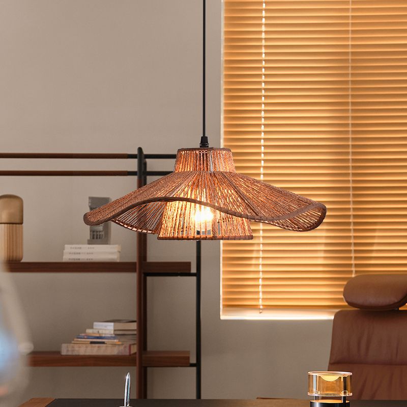 Suspension Luminaire 1 Lumière Pour Salle à Manger avec Chapeau de Paille Tissé en Corde de Chanvre Japonais Traditionnel 