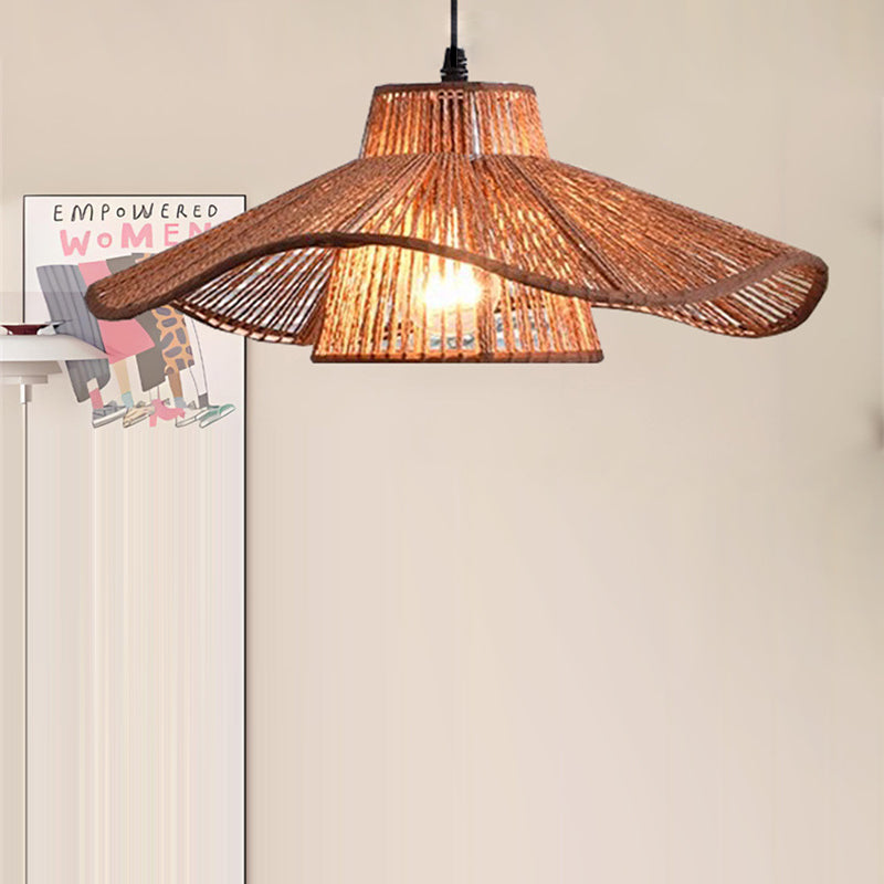 Suspension Luminaire 1 Lumière Pour Salle à Manger avec Chapeau de Paille Tissé en Corde de Chanvre Japonais Traditionnel 