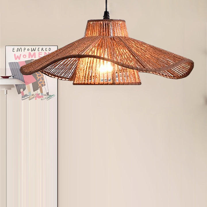 Suspension Luminaire 1 Lumière Pour Salle à Manger avec Chapeau de Paille Tissé en Corde de Chanvre Japonais Traditionnel 
