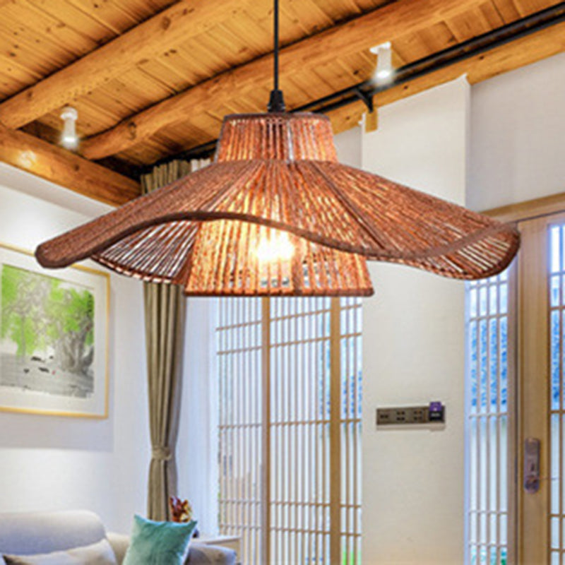 Suspension Luminaire 1 Lumière Pour Salle à Manger avec Chapeau de Paille Tissé en Corde de Chanvre Japonais Traditionnel 
