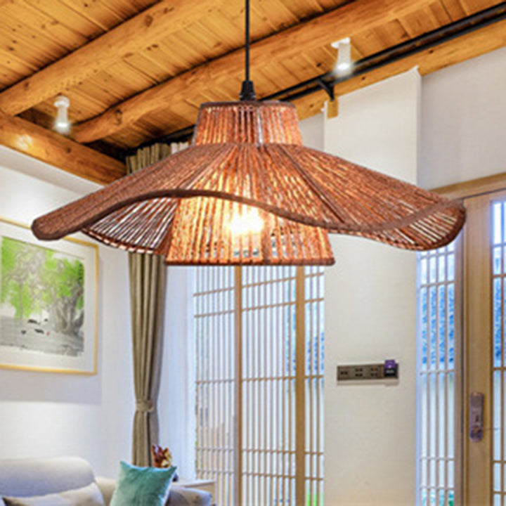 Suspension Luminaire 1 Lumière Pour Salle à Manger avec Chapeau de Paille Tissé en Corde de Chanvre Japonais Traditionnel 