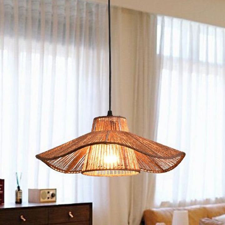 Suspension Luminaire 1 Lumière Pour Salle à Manger avec Chapeau de Paille Tissé en Corde de Chanvre Japonais Traditionnel 
