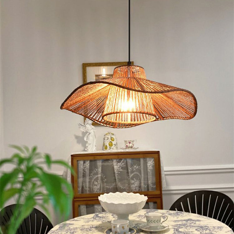 Suspension Luminaire 1 Lumière Pour Salle à Manger avec Chapeau de Paille Tissé en Corde de Chanvre Japonais Traditionnel 