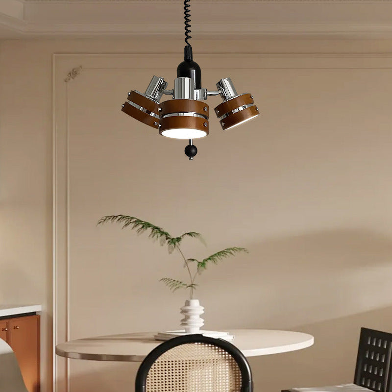 Contemporary Simplicity Iron Frame Rubber Wood Cylinder 3-Light Chandelier For Living Room