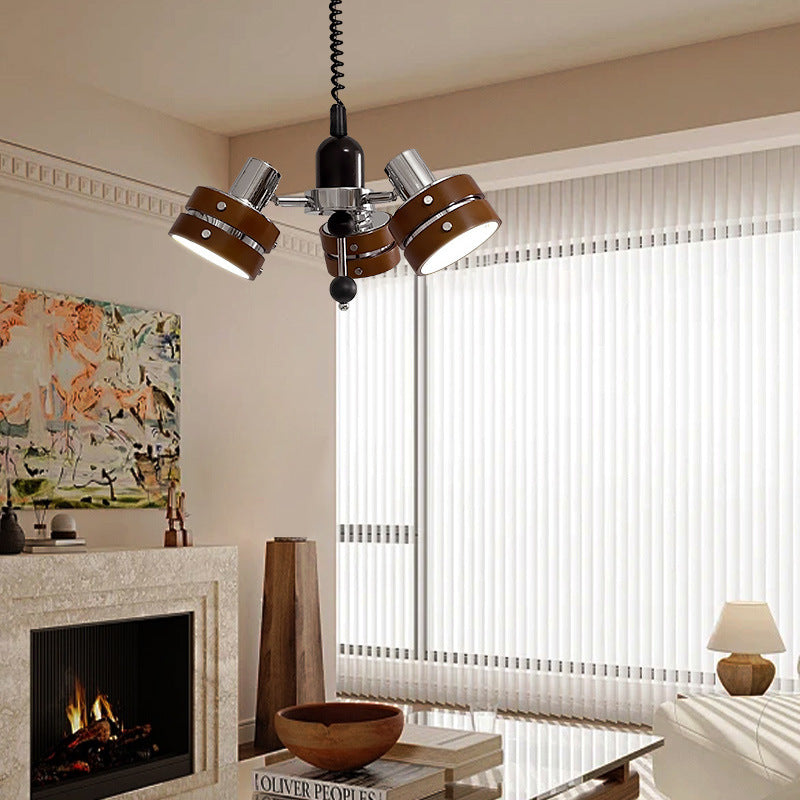 Contemporary Simplicity Iron Frame Rubber Wood Cylinder 3-Light Chandelier For Living Room