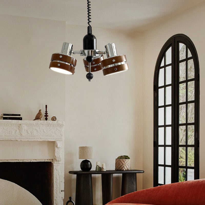 Contemporary Simplicity Iron Frame Rubber Wood Cylinder 3-Light Chandelier For Living Room