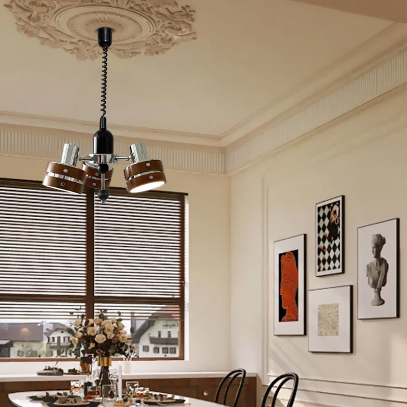 Contemporary Simplicity Iron Frame Rubber Wood Cylinder 3-Light Chandelier For Living Room