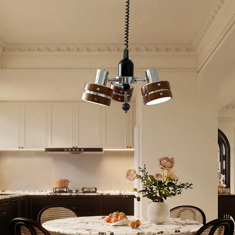 Contemporary Simplicity Iron Frame Rubber Wood Cylinder 3-Light Chandelier For Living Room