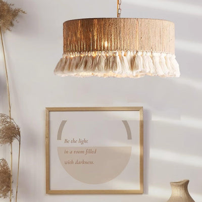 Lámpara colgante cilíndrica de 1 luz con borlas trenzadas de cuerda de cáñamo boho contemporáneo para sala de estar 
