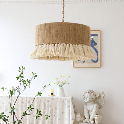 Lámpara colgante cilíndrica de 1 luz con borlas trenzadas de cuerda de cáñamo boho contemporáneo para sala de estar 