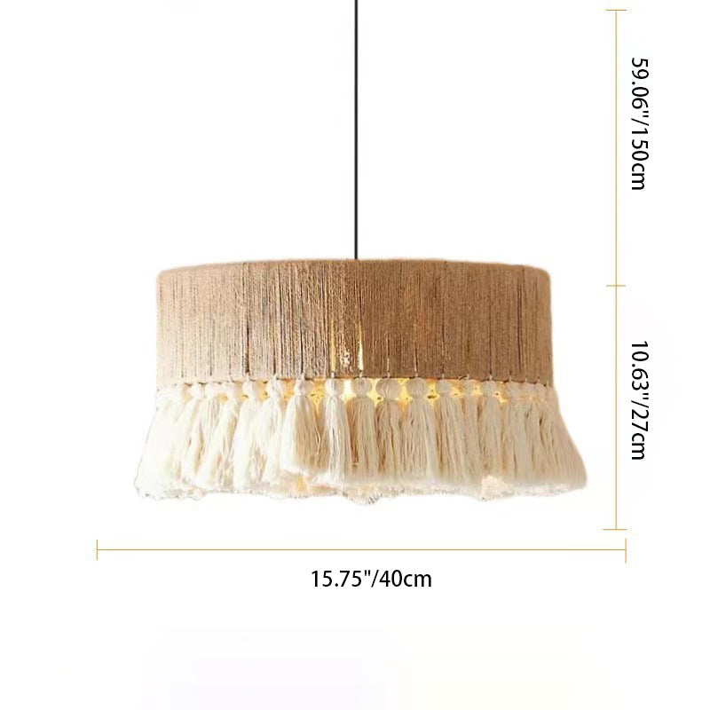 Lámpara colgante cilíndrica de 1 luz con borlas trenzadas de cuerda de cáñamo boho contemporáneo para sala de estar 