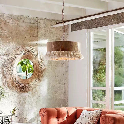 Lámpara colgante cilíndrica de 1 luz con borlas trenzadas de cuerda de cáñamo boho contemporáneo para sala de estar 