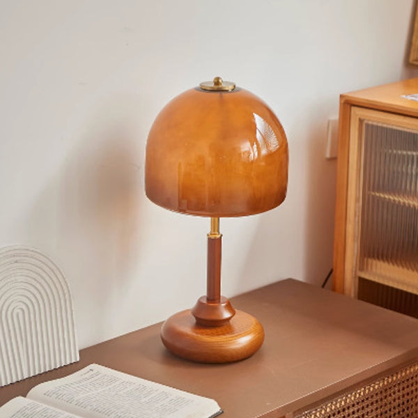 Pantalla de cúpula de vidrio francesa tradicional base de madera maciza lámpara de mesa de 1 luz para dormitorio 