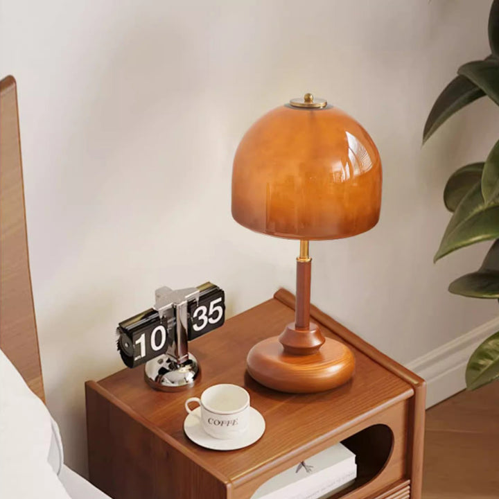 Pantalla de cúpula de vidrio francesa tradicional base de madera maciza lámpara de mesa de 1 luz para dormitorio 
