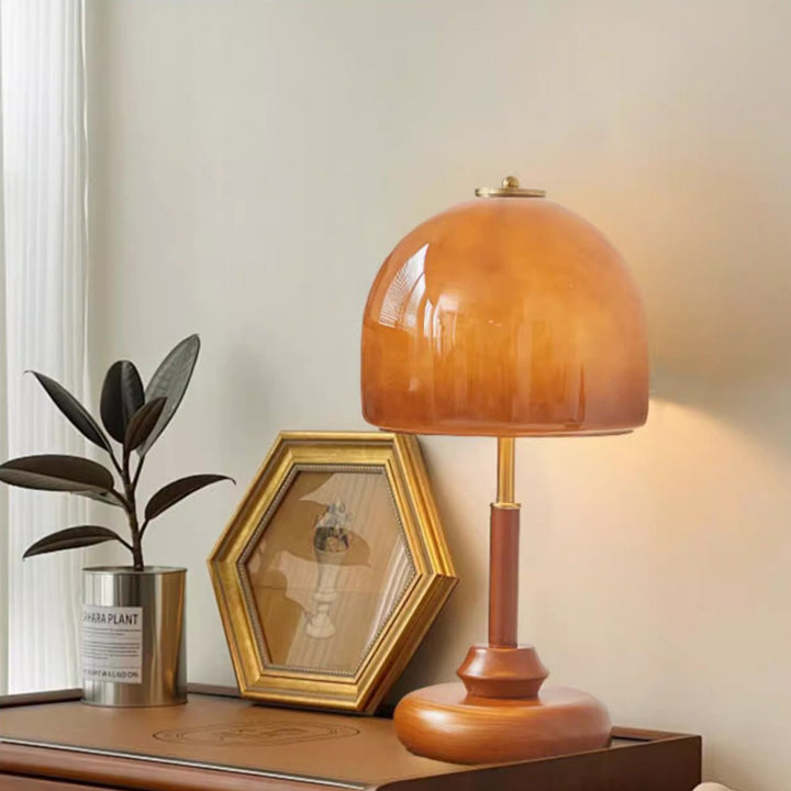 Pantalla de cúpula de vidrio francesa tradicional base de madera maciza lámpara de mesa de 1 luz para dormitorio 