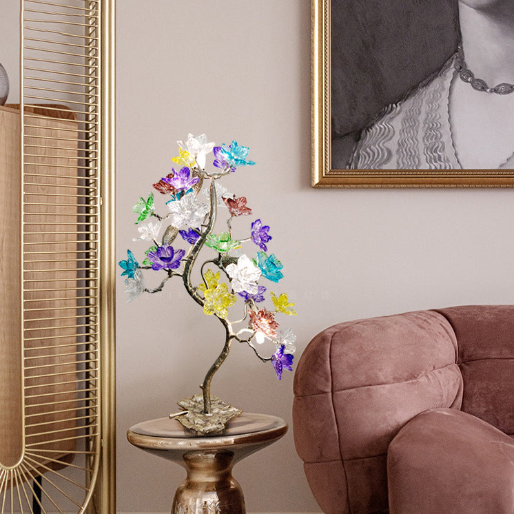 Lampe de table à 4 lumières avec abat-jour en fleur de cristal créatif contemporain, feuille d&