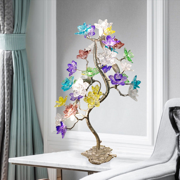 Lampe de table à 4 lumières avec abat-jour en fleur de cristal créatif contemporain, feuille d&