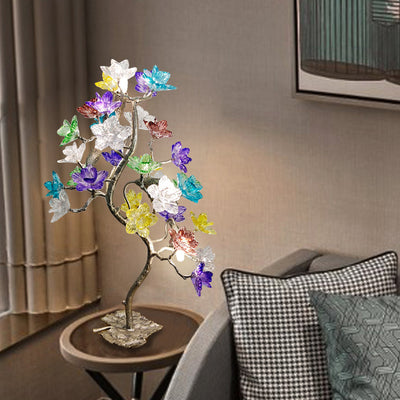 Lampe de table à 4 lumières avec abat-jour en fleur de cristal créatif contemporain, feuille d'érable, base en cuivre pour maison et bureau 