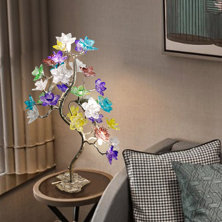 Lampe de table à 4 lumières avec abat-jour en fleur de cristal créatif contemporain, feuille d&